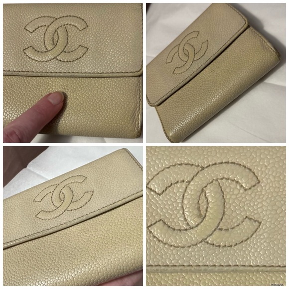 AUTHENTIC CHANEL Neutral Caviar Leather Interlocking C CC Vintage Logo Wallet - Picture 6 of 16